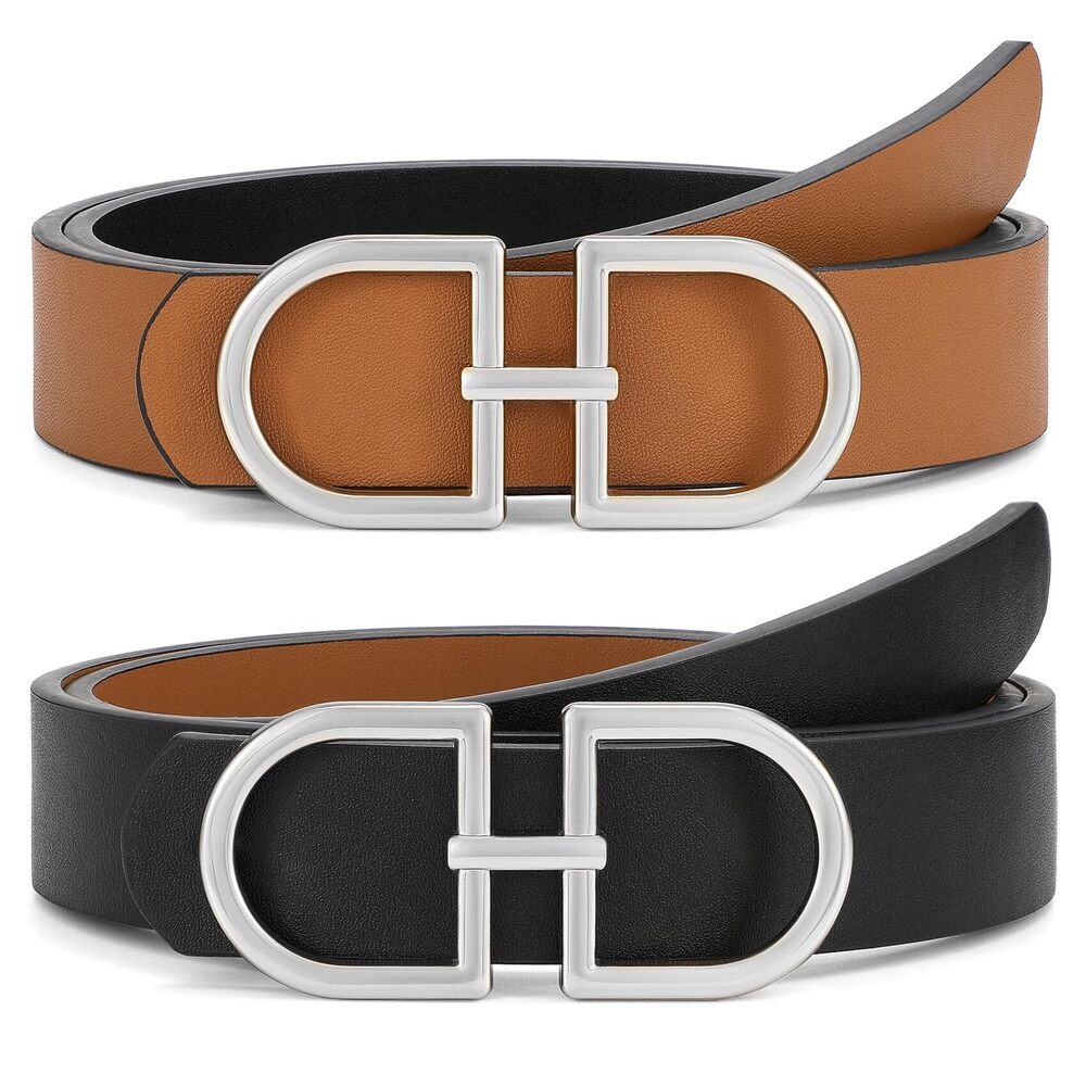 6679 Reversible Leather Belt For Women With Gold Buckle Ladies Two-in-one